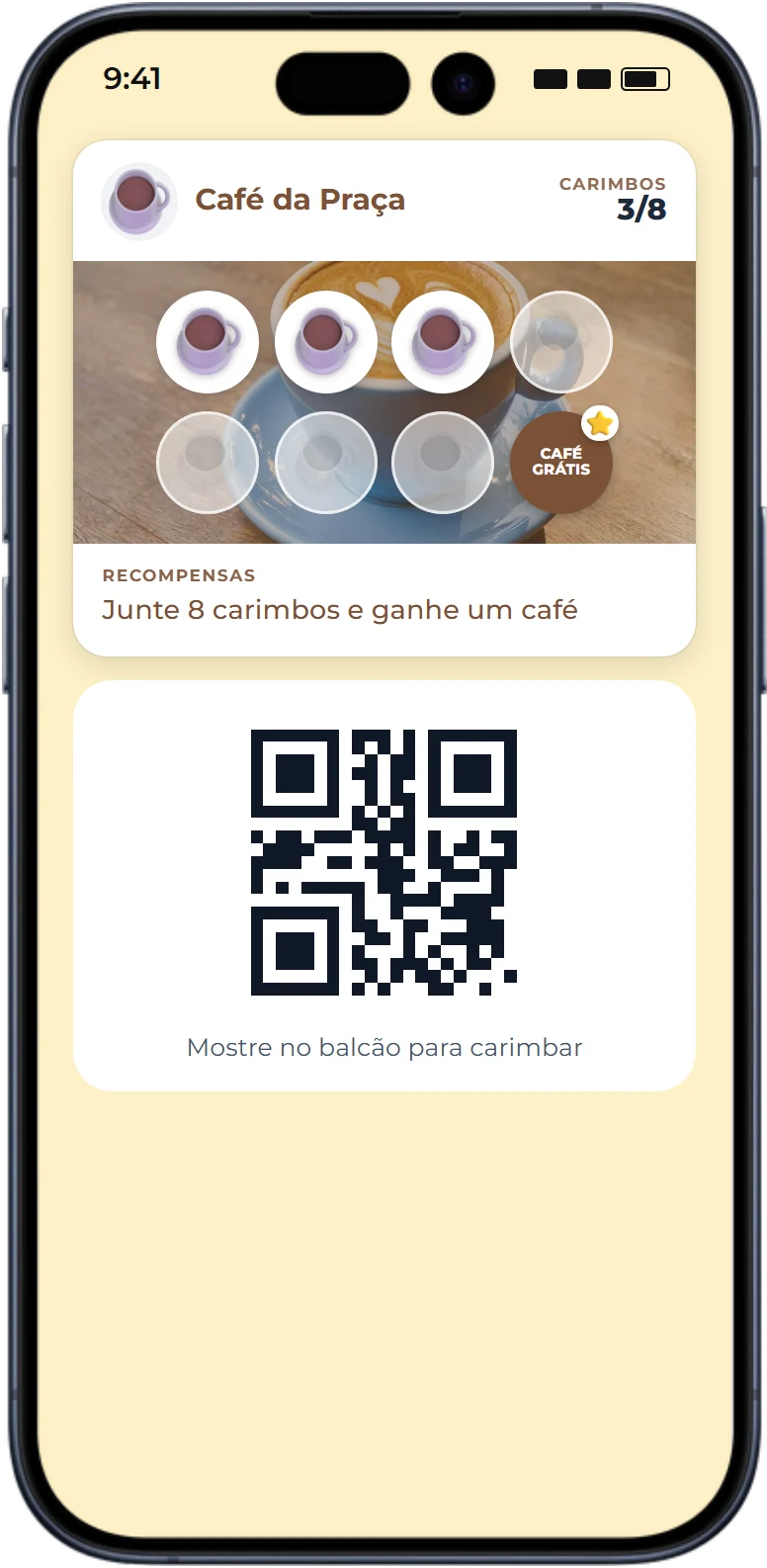 Cartão do cliente no celular com QR Code para carimbar